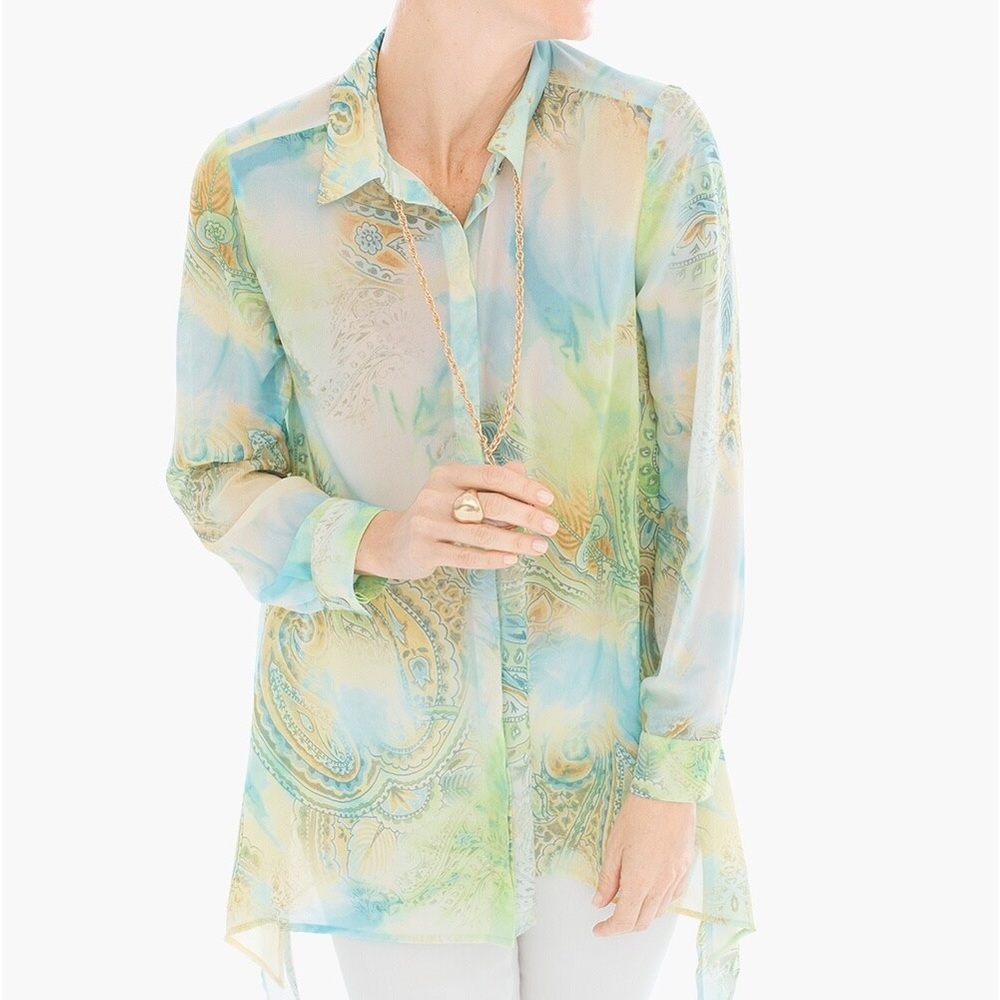 Chico’s sheer mystic paisley rosalind button down tunic top shark bite hem top